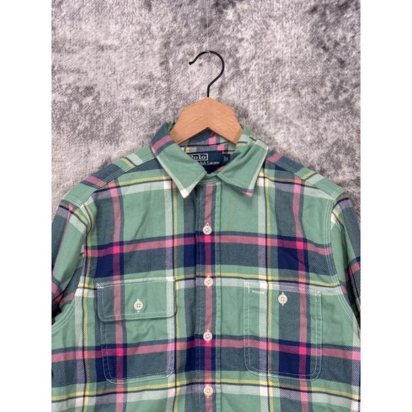 New Polo Ralph Lauren Shirt Small Mens Green Plaid Flannel Work Utility - Picture 2 of 8